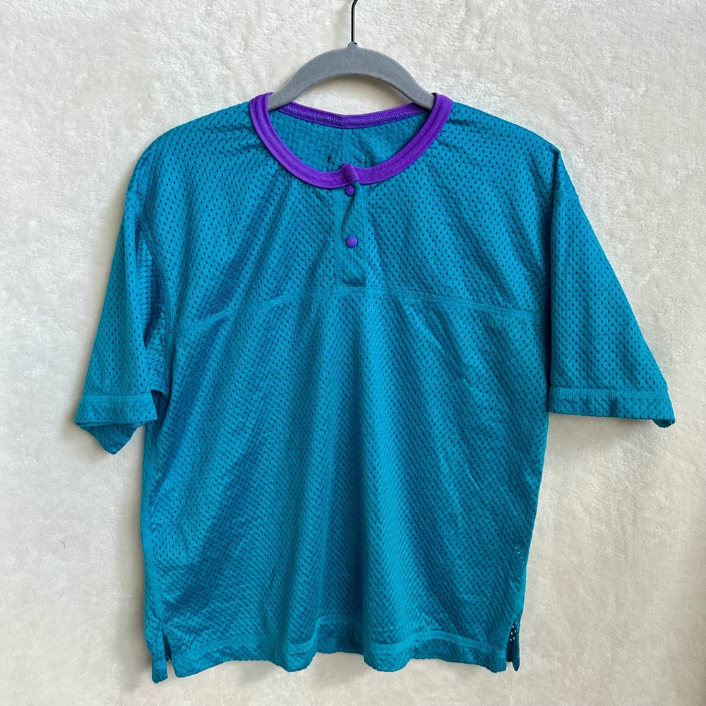 REI Mesh Henley Top Medium Teal Purple Retro Athletic Vintage